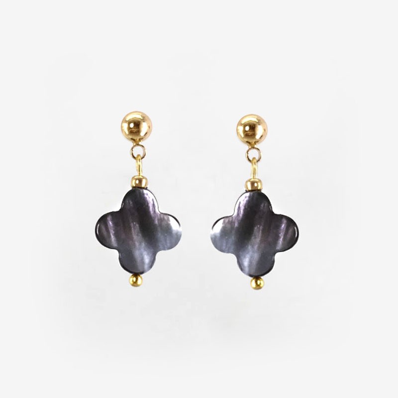 Clover Earrings with Grey Mother Of Pearl, Gold Plated Metal, CHORANGE French Designer Fashion Jewelry in France.