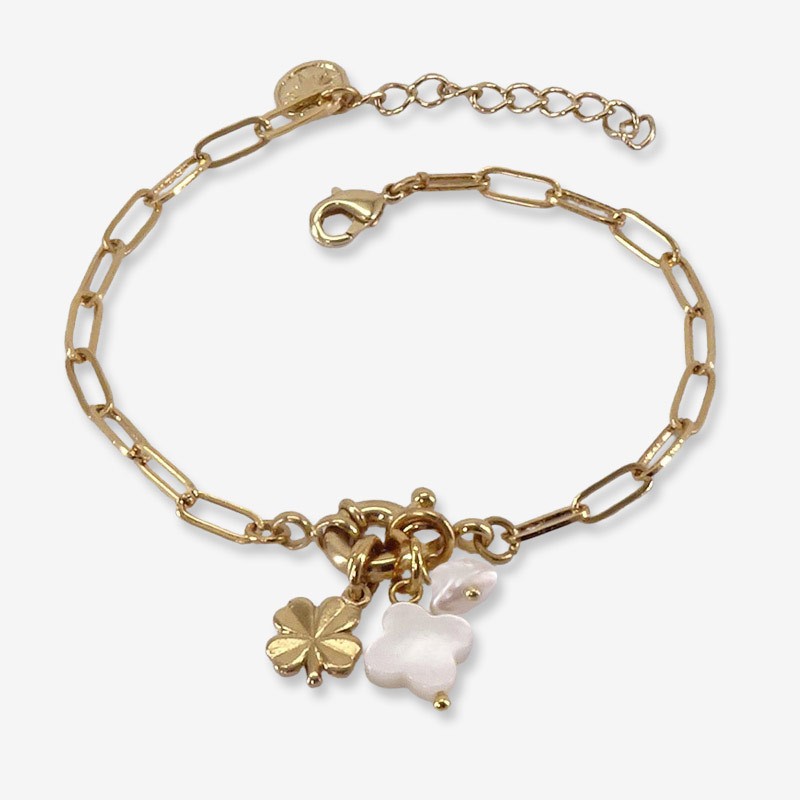 bracelet metal plaqué or et nacre en forme de trèfle par Chorange.