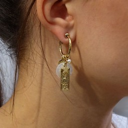 hoops Earrings with White Mother Of Pearl, Gold Plated Metal, CHORANGE French Designer Fashion Jewelry in Cannes.