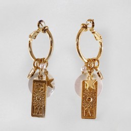 Creole Earrings with White Mother Of Pearl, Gold Plated Metal, CHORANGE French Designer Fashion Jewelry in Cannes.