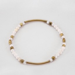 Elastic Bracelet with White Mother Of Pearl, Gold Plated Metal, CHORANGE French Designer Fashion Jewelry in Cannes.